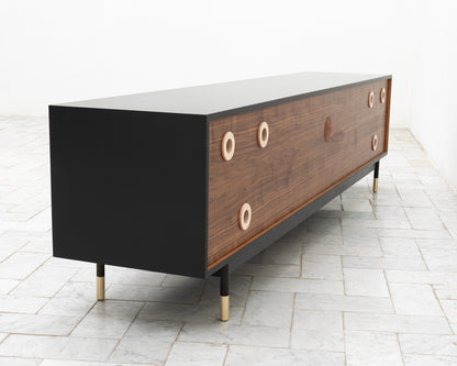 LAKE MID CREDENZA - 95" L, GRAPHITE LACQUER EXTERIOR, OXIDIZED MAPLE FACES