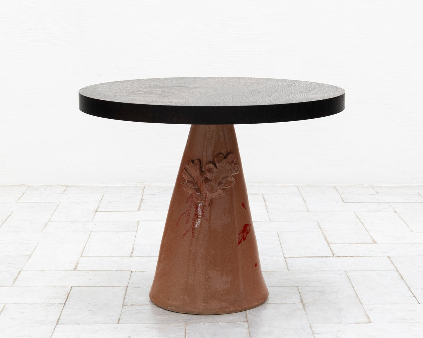 LOTCH SIDE TABLE - 23" DIAMETER DARK OAK TOP, HAND-PAINTED CERAMIC BASE