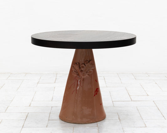LOTCH SIDE TABLE - 23" DIAMETER DARK OAK TOP, HAND-PAINTED CERAMIC BASE
