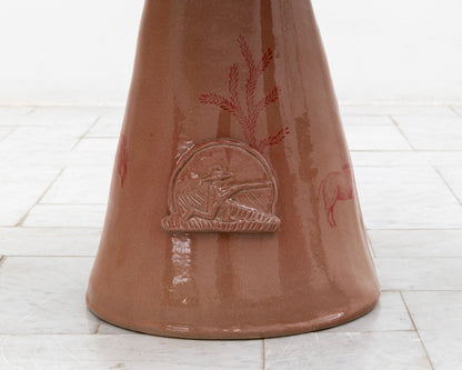 LOTCH SIDE TABLE - 23" DIAMETER DARK OAK TOP, HAND-PAINTED CERAMIC BASE