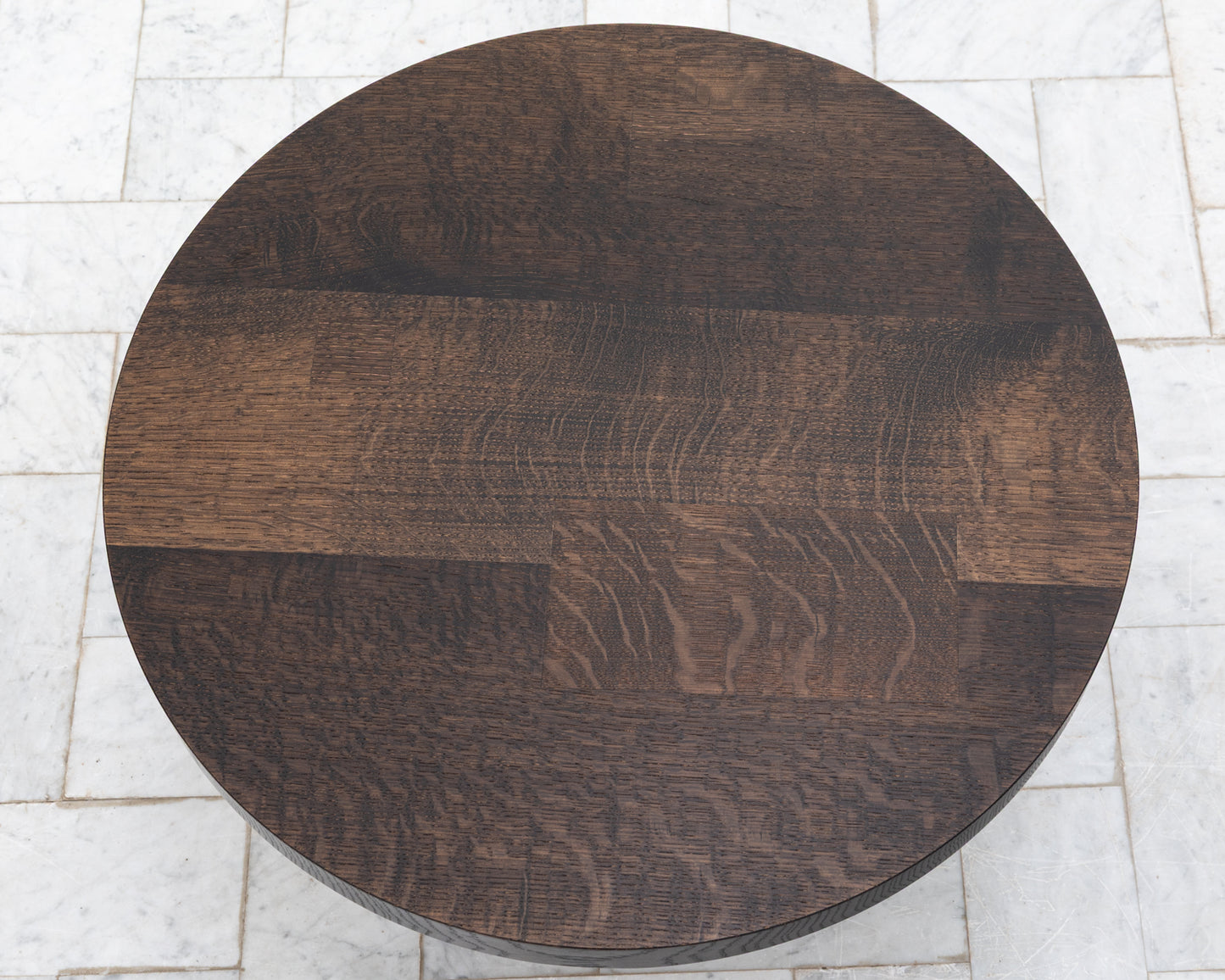 LOTCH SIDE TABLE - 23" DIAMETER DARK OAK TOP, HAND-PAINTED CERAMIC BASE