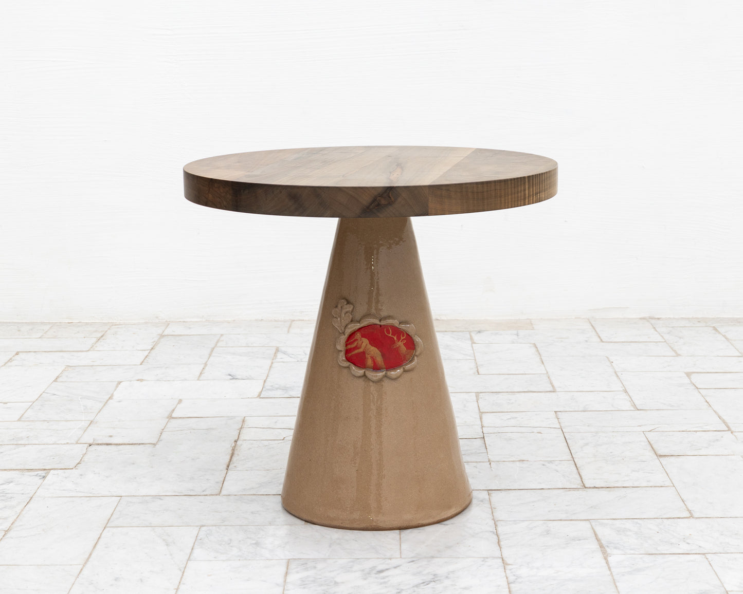 LOTCH SIDE TABLE - 23" DIAMETER OXIDIZED MAPLE TOP, HAND-PAINTED CERAMIC BASE