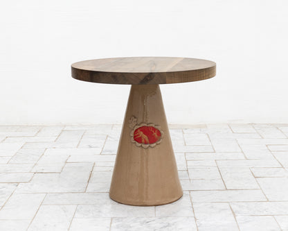 LOTCH SIDE TABLE - 23" DIAMETER OXIDIZED MAPLE TOP, HAND-PAINTED CERAMIC BASE