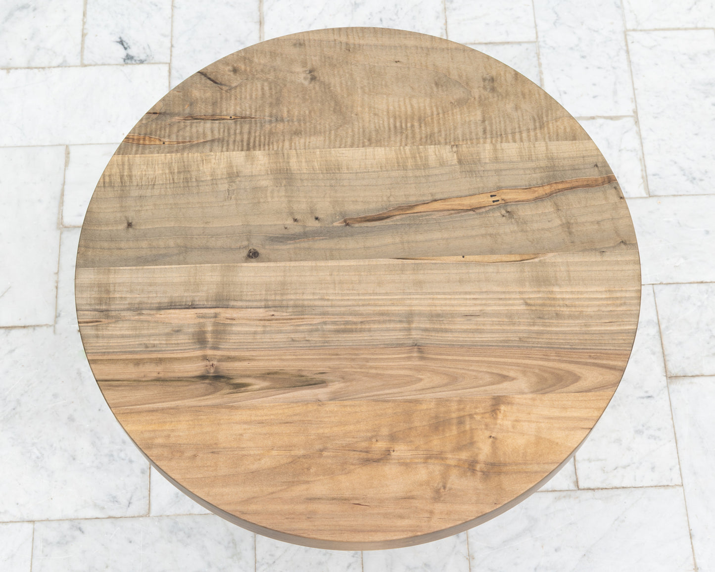 LOTCH SIDE TABLE - 23" DIAMETER OXIDIZED MAPLE TOP, HAND-PAINTED CERAMIC BASE
