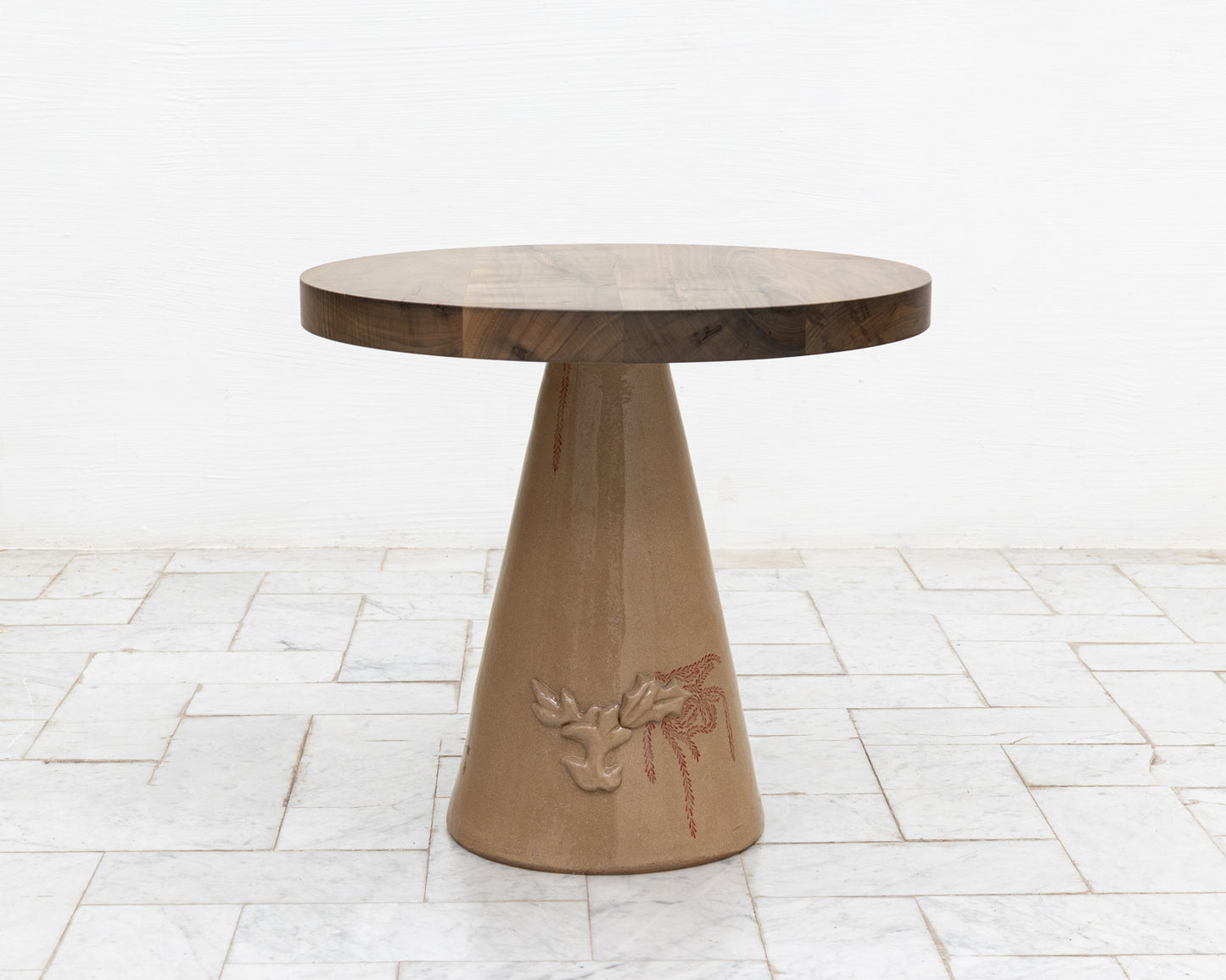 LOTCH SIDE TABLE - 23" DIAMETER OXIDIZED MAPLE TOP, HAND-PAINTED CERAMIC BASE