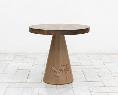 LOTCH SIDE TABLE - 23" DIAMETER OXIDIZED MAPLE TOP, HAND-PAINTED CERAMIC BASE