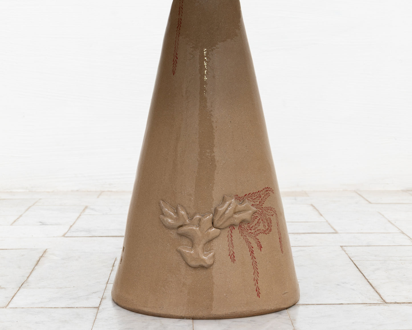 LOTCH SIDE TABLE - 23" DIAMETER OXIDIZED MAPLE TOP, HAND-PAINTED CERAMIC BASE