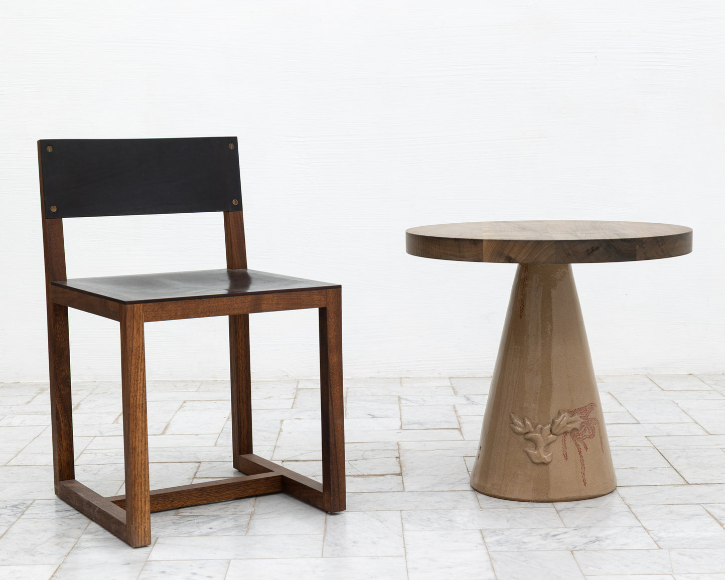 LOTCH SIDE TABLE - 23" DIAMETER OXIDIZED MAPLE TOP, HAND-PAINTED CERAMIC BASE