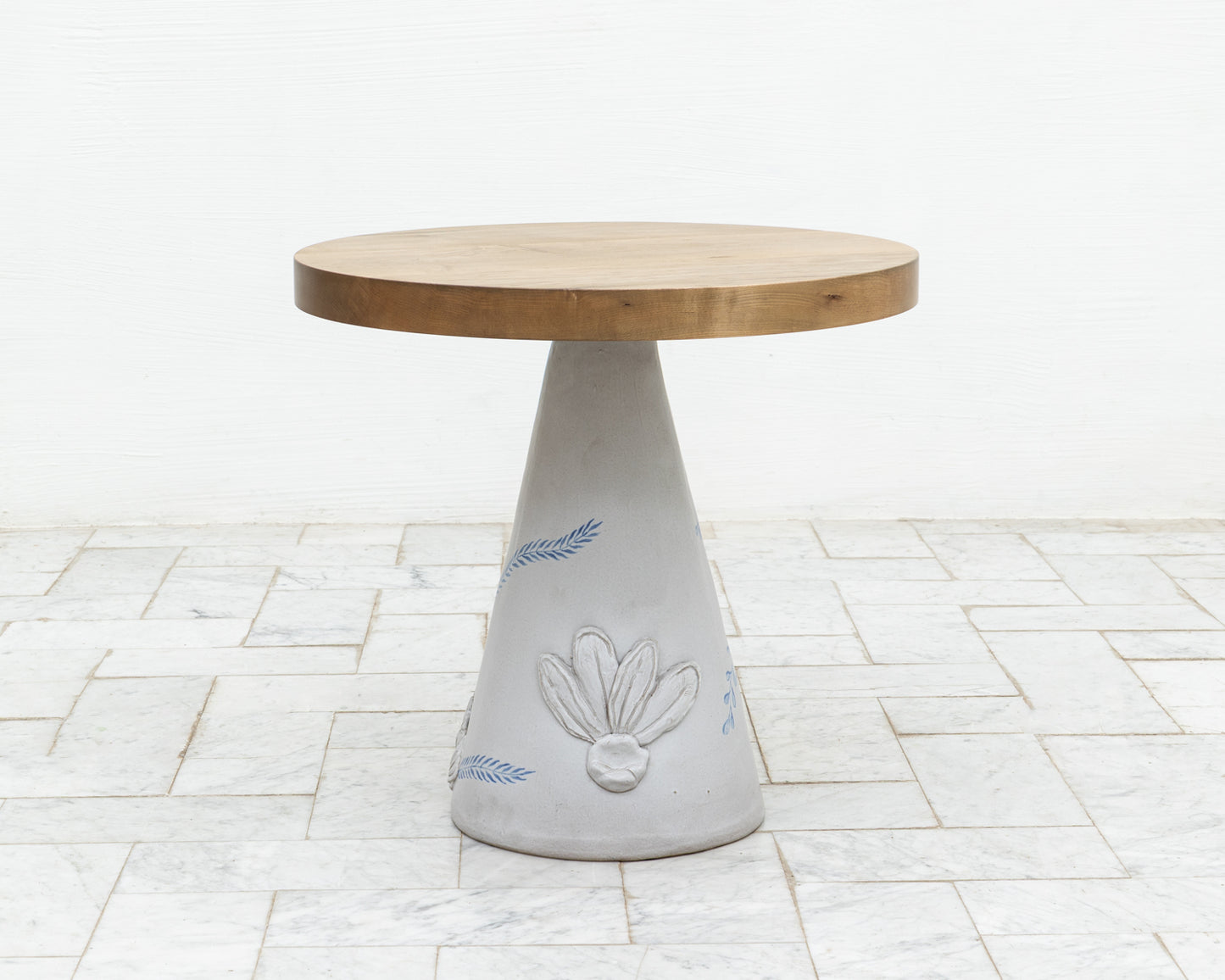 LOTCH SIDE TABLE - 23" DIAMETER OXIDIZED MAPLE TOP, HAND-PAINTED CERAMIC BASE
