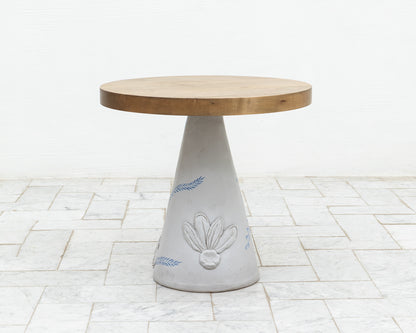 LOTCH SIDE TABLE - 23" DIAMETER OXIDIZED MAPLE TOP, HAND-PAINTED CERAMIC BASE