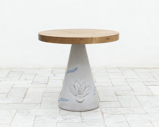 LOTCH SIDE TABLE - 23" DIAMETER OXIDIZED MAPLE TOP, HAND-PAINTED CERAMIC BASE