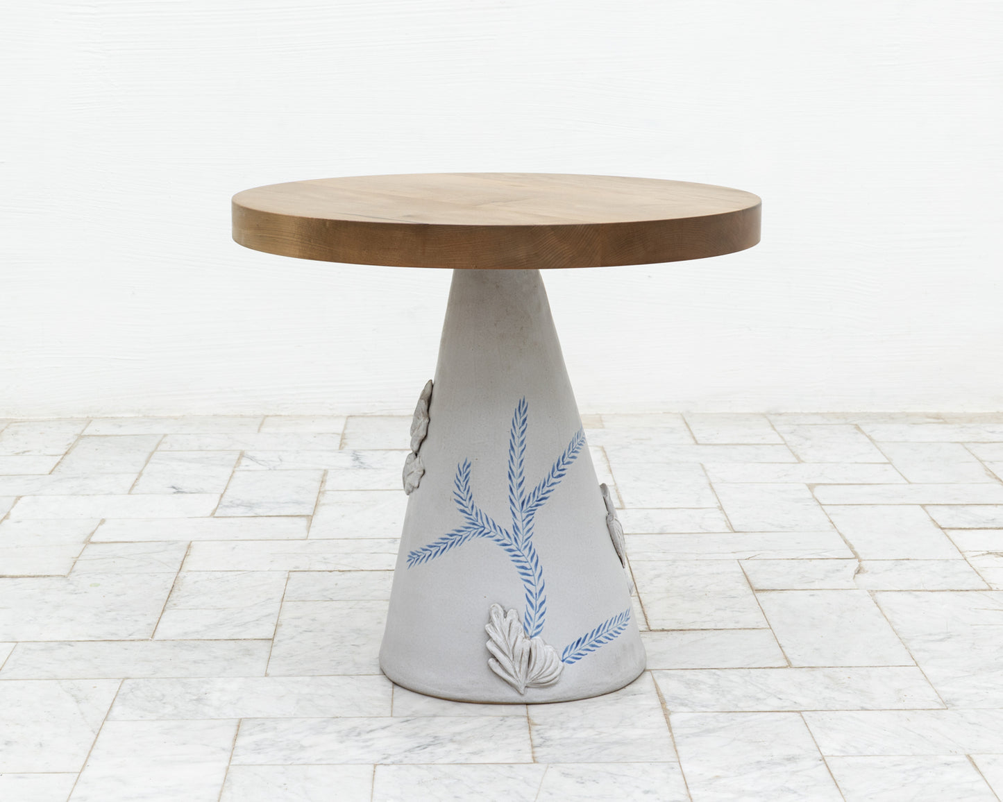 LOTCH SIDE TABLE - 23" DIAMETER OXIDIZED MAPLE TOP, HAND-PAINTED CERAMIC BASE