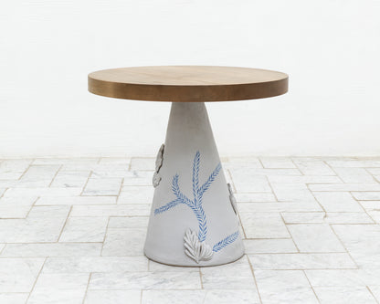 LOTCH SIDE TABLE - 23" DIAMETER OXIDIZED MAPLE TOP, HAND-PAINTED CERAMIC BASE