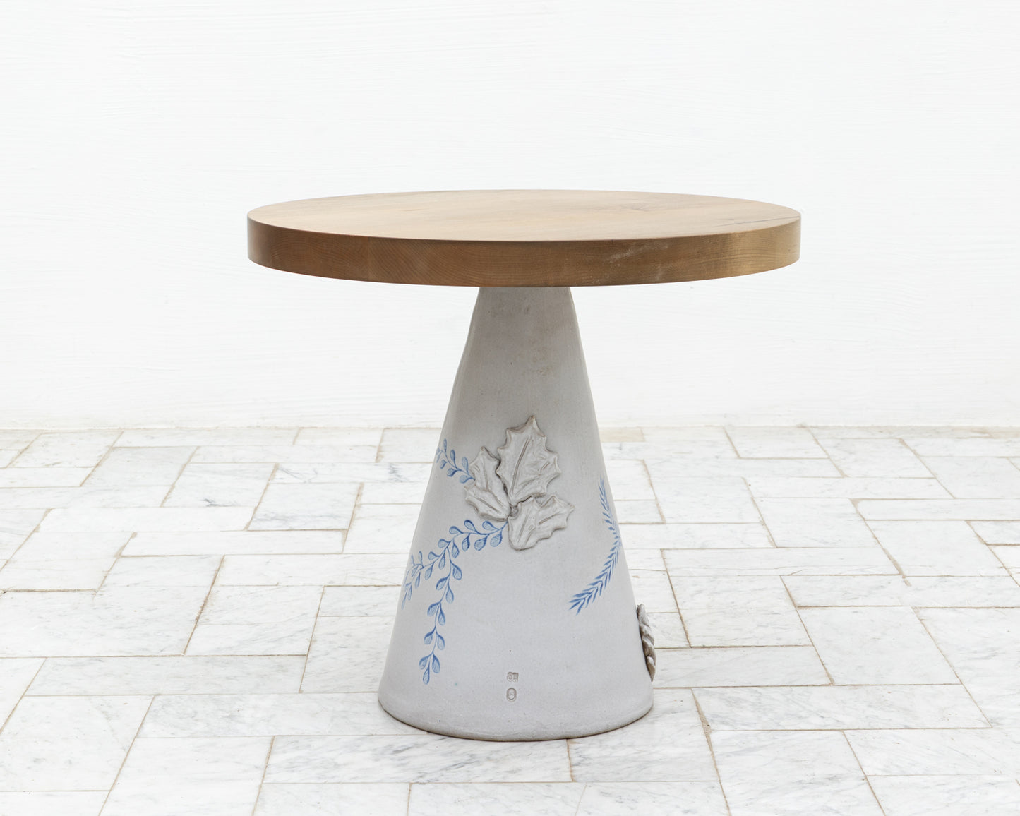 LOTCH SIDE TABLE - 23" DIAMETER OXIDIZED MAPLE TOP, HAND-PAINTED CERAMIC BASE