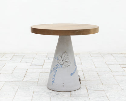 LOTCH SIDE TABLE - 23" DIAMETER OXIDIZED MAPLE TOP, HAND-PAINTED CERAMIC BASE
