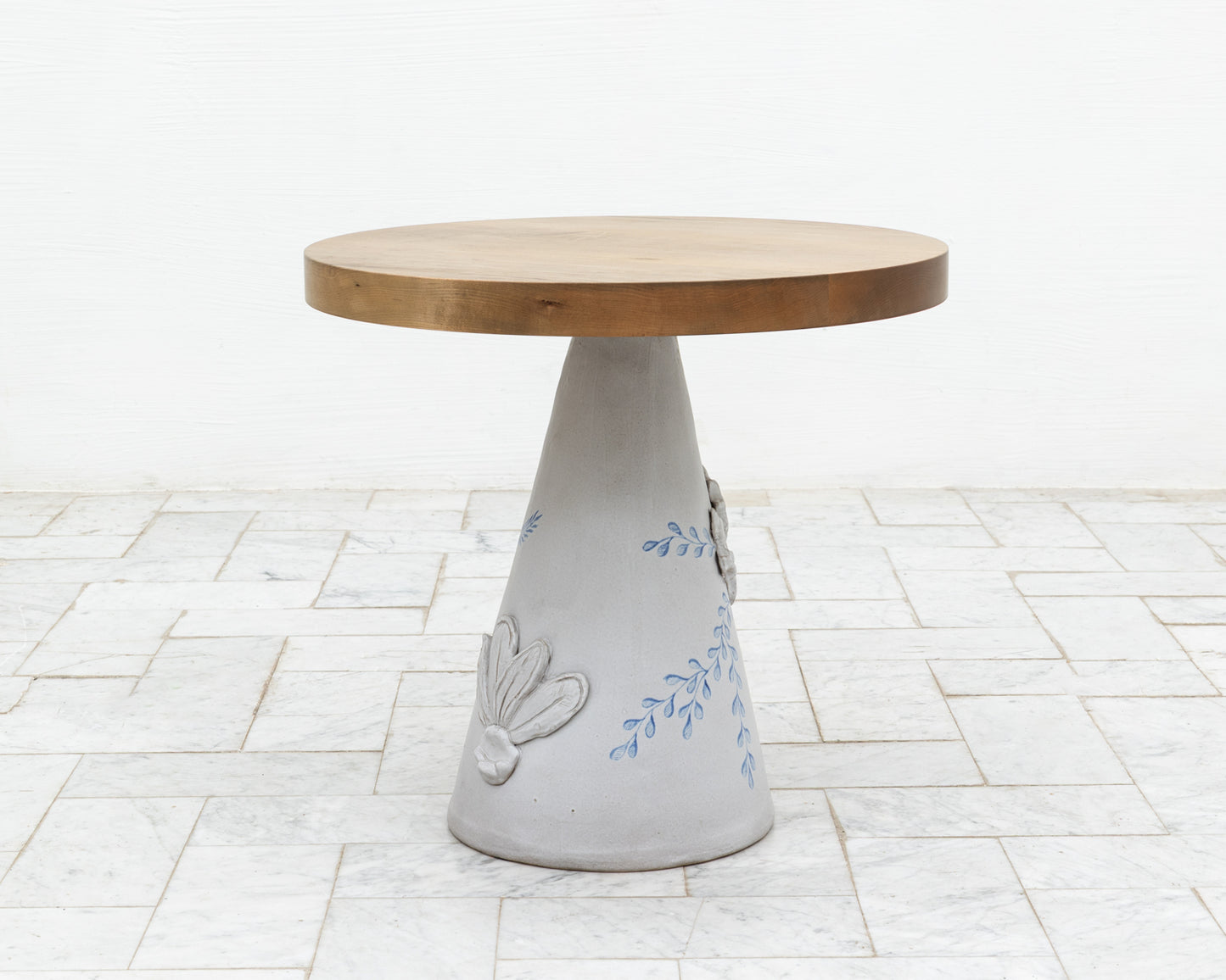 LOTCH SIDE TABLE - 23" DIAMETER OXIDIZED MAPLE TOP, HAND-PAINTED CERAMIC BASE