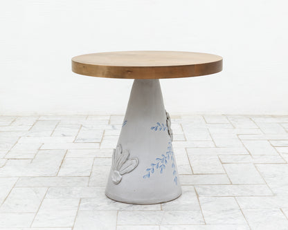 LOTCH SIDE TABLE - 23" DIAMETER OXIDIZED MAPLE TOP, HAND-PAINTED CERAMIC BASE