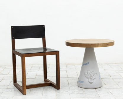 LOTCH SIDE TABLE - 23" DIAMETER OXIDIZED MAPLE TOP, HAND-PAINTED CERAMIC BASE