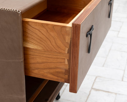 CAPTAIN'S SIDE TABLE - 25" L, BEAR LEATHER, BLACKENED BRONZE HARDWARE