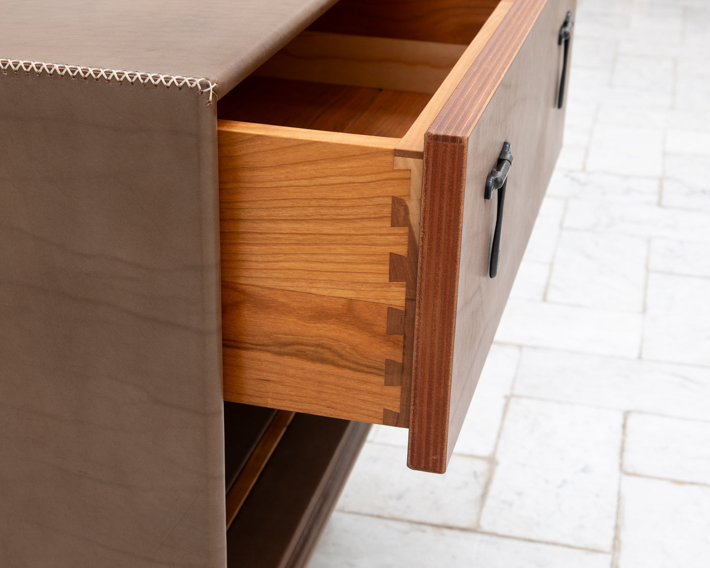 CAPTAIN'S SIDE TABLE - 25" L, BEAR LEATHER, BLACKENED BRONZE HARDWARE