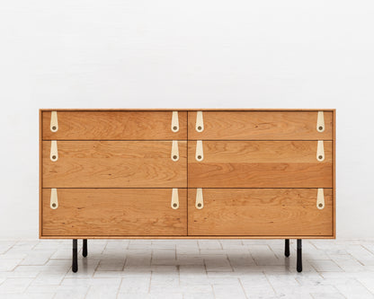 CAYESS DRESSER - 61" L, CHERRY EXTERIOR AND FACES, BLEACHED MAPLE PULLS