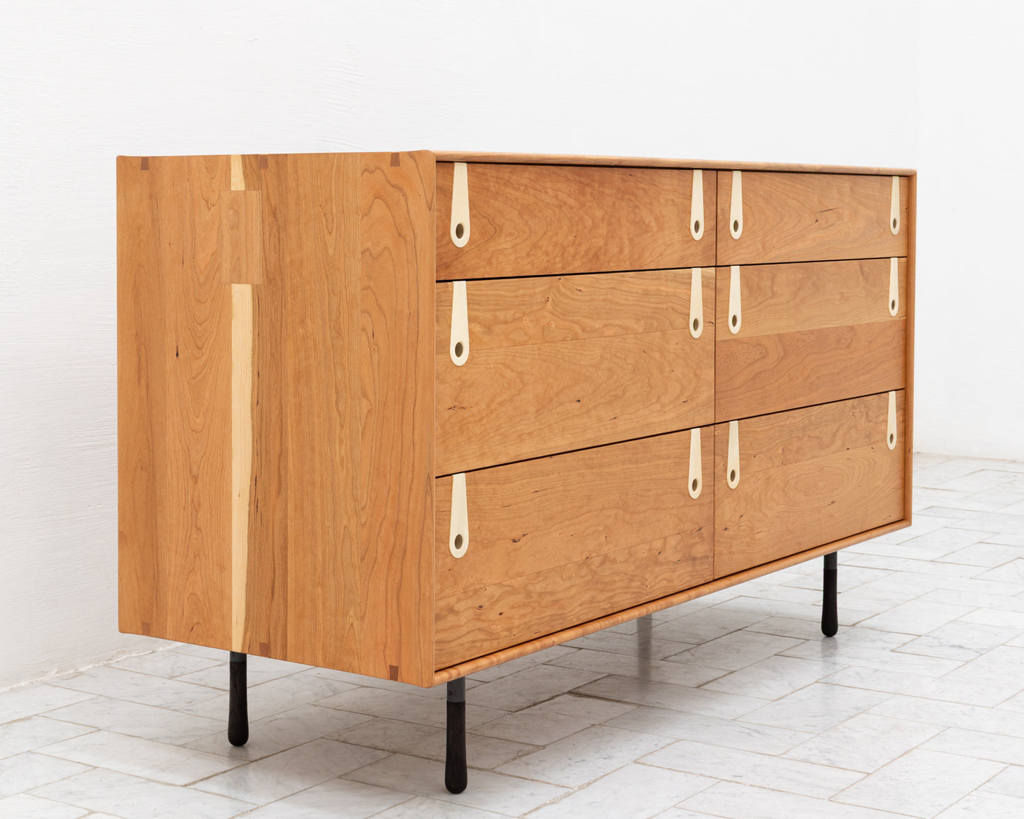 CAYESS DRESSER - 61" L, CHERRY EXTERIOR AND FACES, BLEACHED MAPLE PULLS