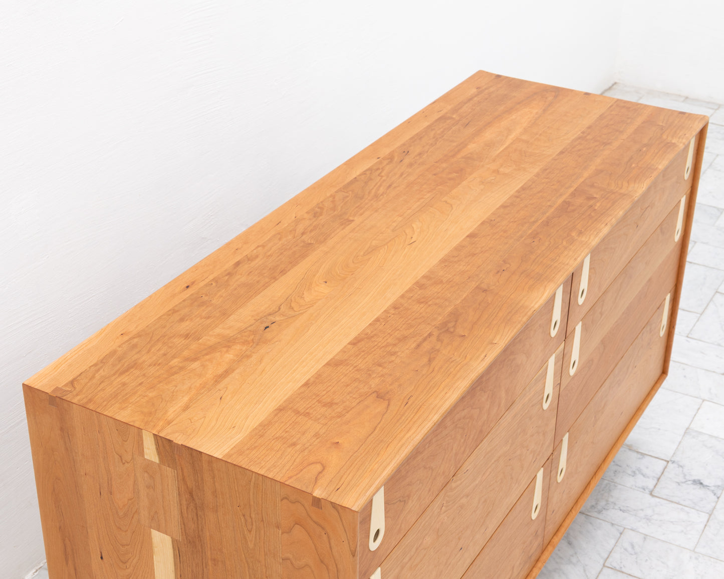 CAYESS DRESSER - 61" L, CHERRY EXTERIOR AND FACES, BLEACHED MAPLE PULLS