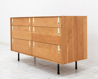 CAYESS DRESSER - 61" L, CHERRY EXTERIOR AND FACES, BLEACHED MAPLE PULLS