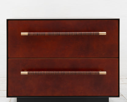 MAPPER SIDE TABLE - 25" L, GRAPHITE LACQUER EXTERIOR, NATURAL MULLED LEATHER FACES