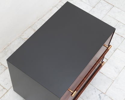 MAPPER SIDE TABLE - 25" L, GRAPHITE LACQUER EXTERIOR, NATURAL MULLED LEATHER FACES