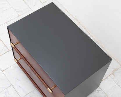 MAPPER SIDE TABLE - 25" L, GRAPHITE LACQUER EXTERIOR, NATURAL MULLED LEATHER FACES