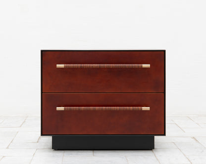 MAPPER SIDE TABLE - 25" L, GRAPHITE LACQUER EXTERIOR, NATURAL MULLED LEATHER FACES