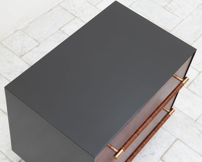 MAPPER SIDE TABLE - 25" L, GRAPHITE LACQUER EXTERIOR, NATURAL MULLED LEATHER FACES