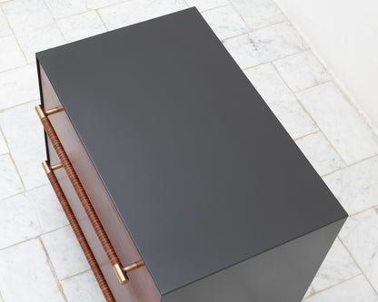 MAPPER SIDE TABLE - 25" L, GRAPHITE LACQUER EXTERIOR, NATURAL MULLED LEATHER FACES