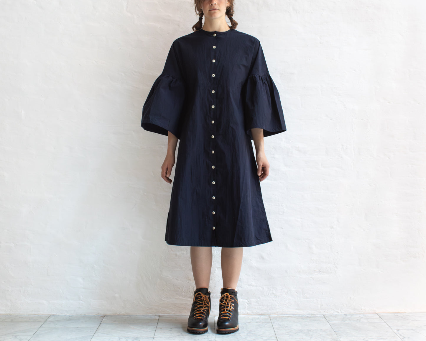 FULL BUTTON BELL SLEEVE DRESS IN NAVY
