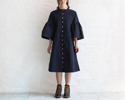 FULL BUTTON BELL SLEEVE DRESS IN NAVY