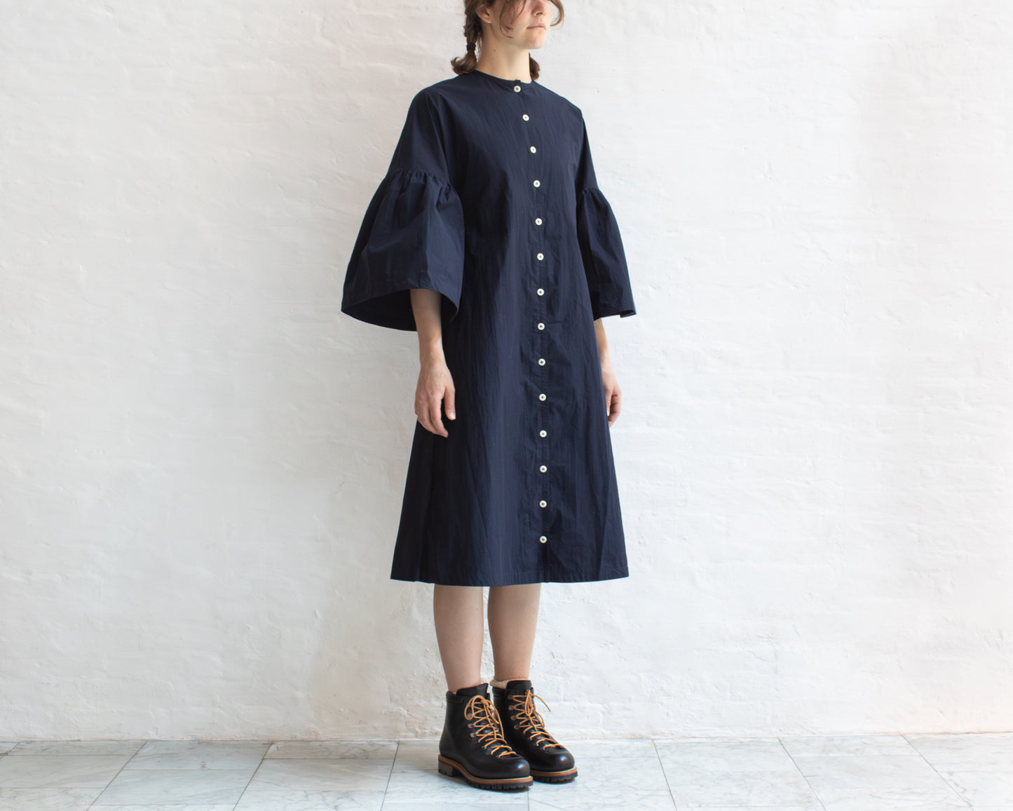 FULL BUTTON BELL SLEEVE DRESS IN NAVY