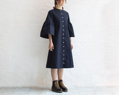 FULL BUTTON BELL SLEEVE DRESS IN NAVY