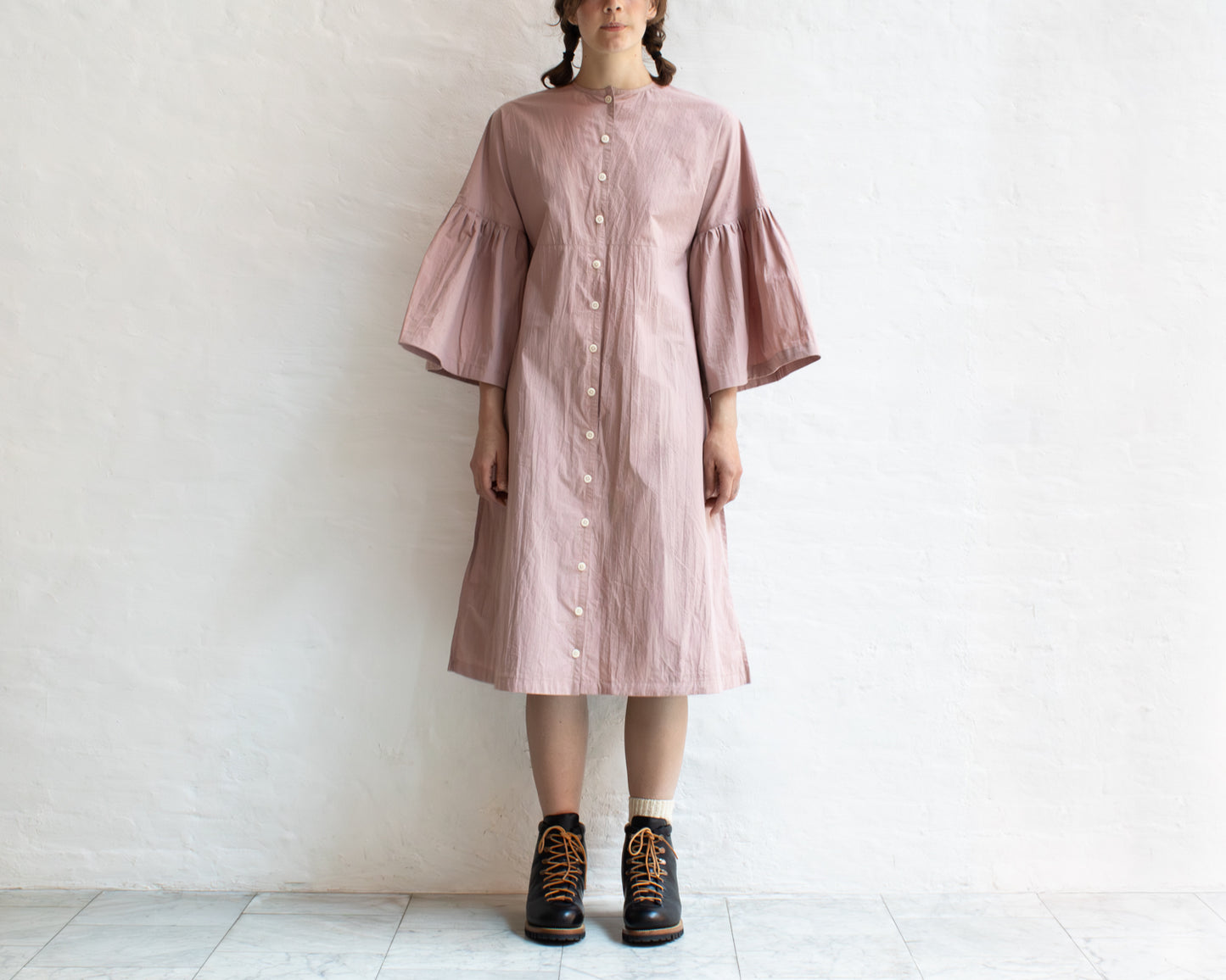 FULL BUTTON BELL SLEEVE DRESS IN PINK