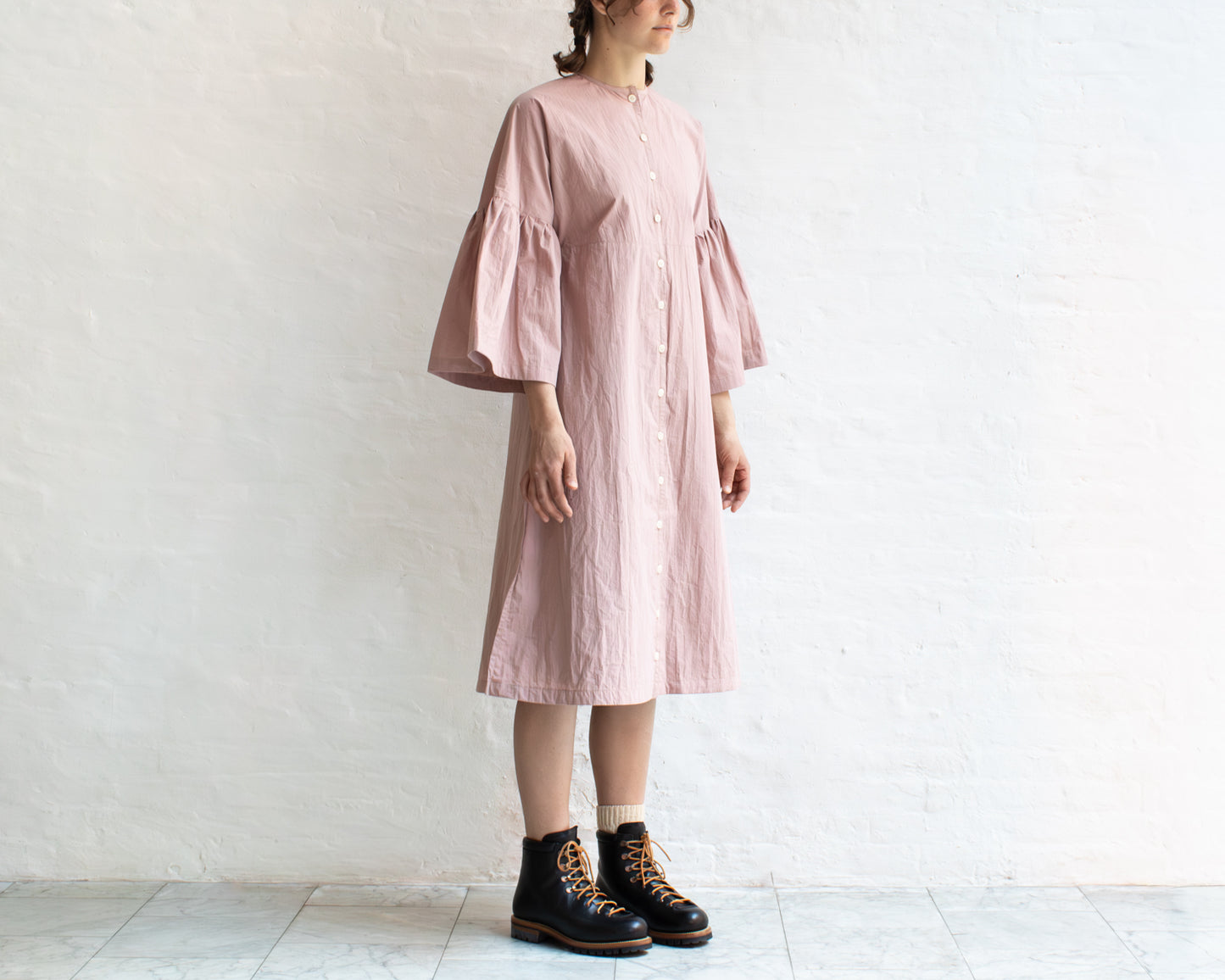FULL BUTTON BELL SLEEVE DRESS IN PINK