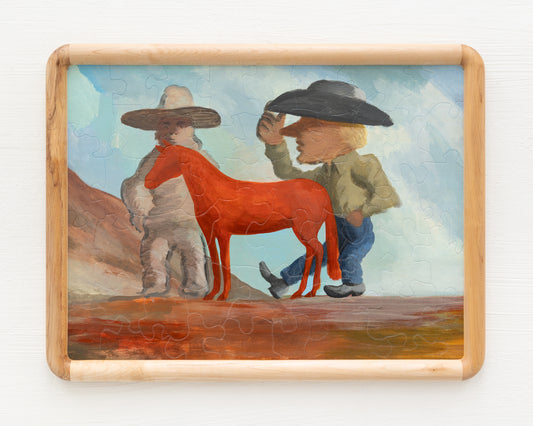 HAND-PAINTED JIGSAW PUZZLE - #1872, "PRIZED PONY" - 20" H X 26" W