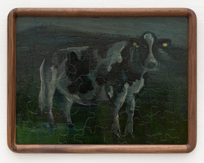 HAND-PAINTED JIGSAW PUZZLE - #1945, "PORTRAIT OF A COW" - 20" H X 26" W