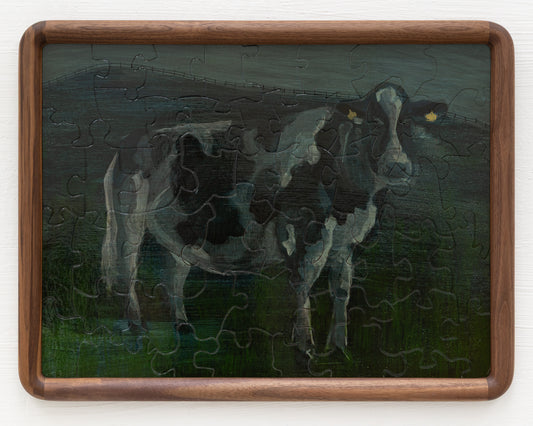 HAND-PAINTED JIGSAW PUZZLE - #1945, "PORTRAIT OF A COW" - 20" H X 26" W