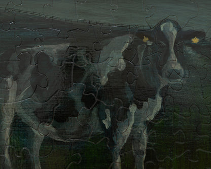 HAND-PAINTED JIGSAW PUZZLE - #1945, "PORTRAIT OF A COW" - 20" H X 26" W