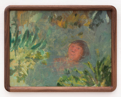 HAND-PAINTED JIGSAW PUZZLE - #1962, "PONDSWIMMER" - 20" H X 26" W