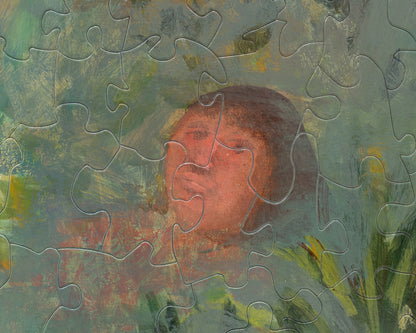 HAND-PAINTED JIGSAW PUZZLE - #1962, "PONDSWIMMER" - 20" H X 26" W