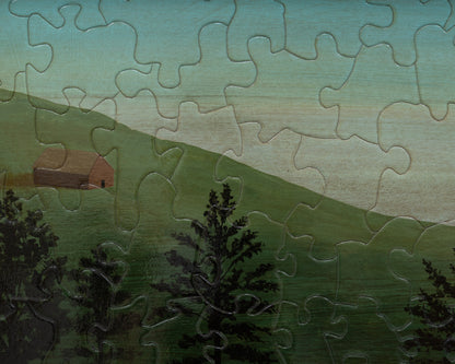 HAND-PAINTED JIGSAW PUZZLE - #1982, "THE CABIN" - 20" H X 26" W
