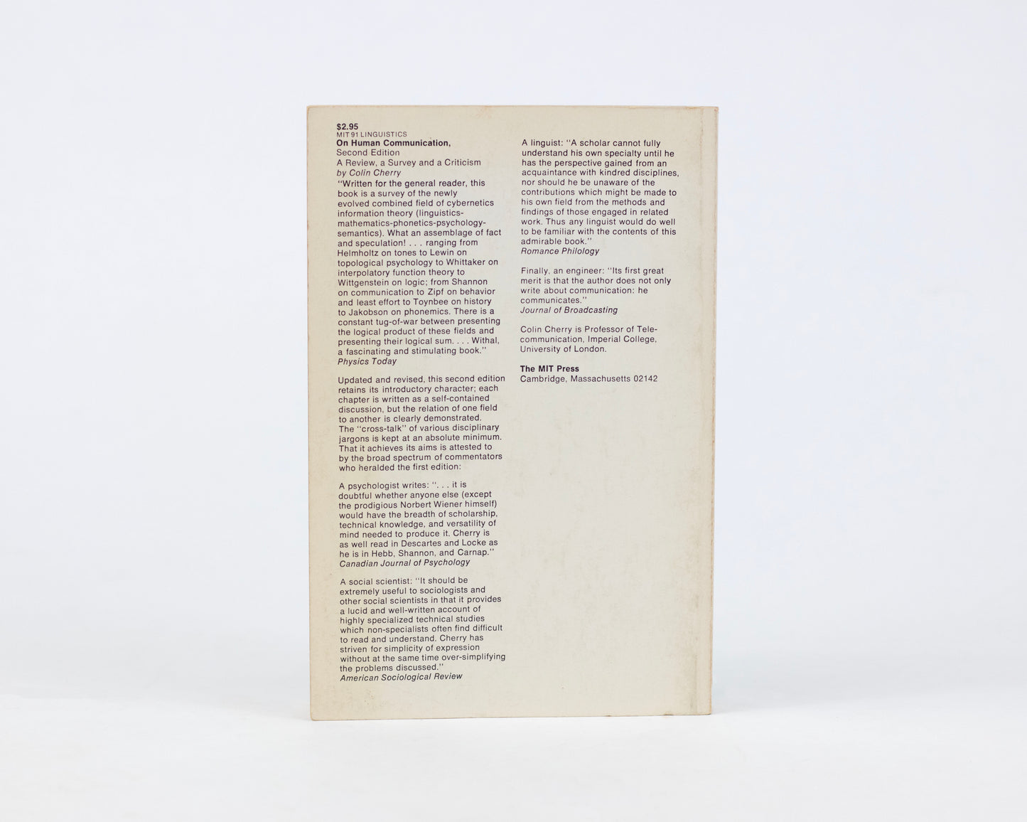 VINTAGE 1966 COPY OF "ON HUMAN COMMUNICATION: A REVIEW, A SURVEY, AND A CRITICISM" BY COLIN CHERRY