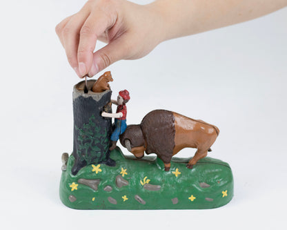 VINTAGE MID-CENTURY CAST IRON BUTTING BUFFALO COIN BANK