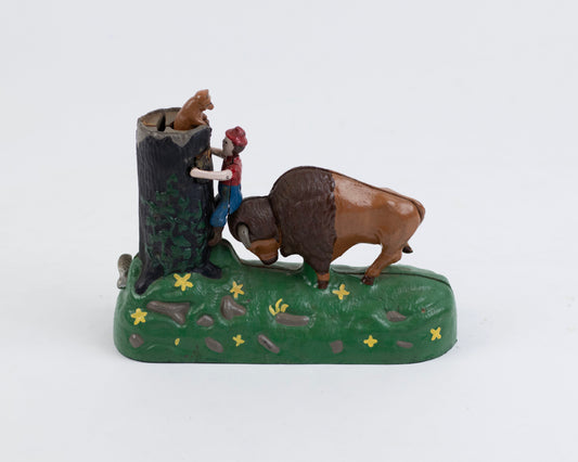 VINTAGE MID-CENTURY CAST IRON BUTTING BUFFALO COIN BANK